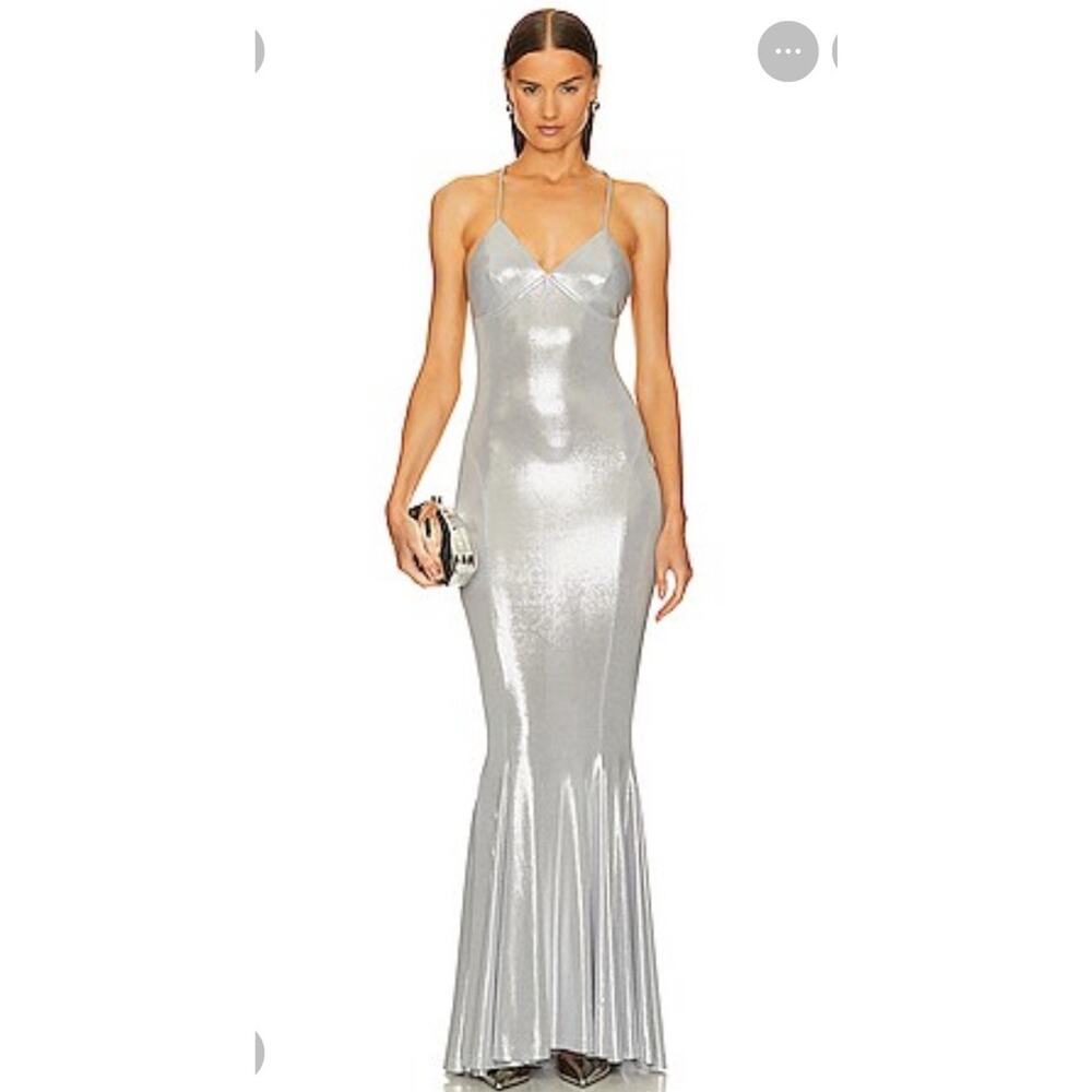 Norma Kamali Metallic Stretch Lamé Open Back Maxi Mermaid Gown Silver Large - Picture 3 of 14